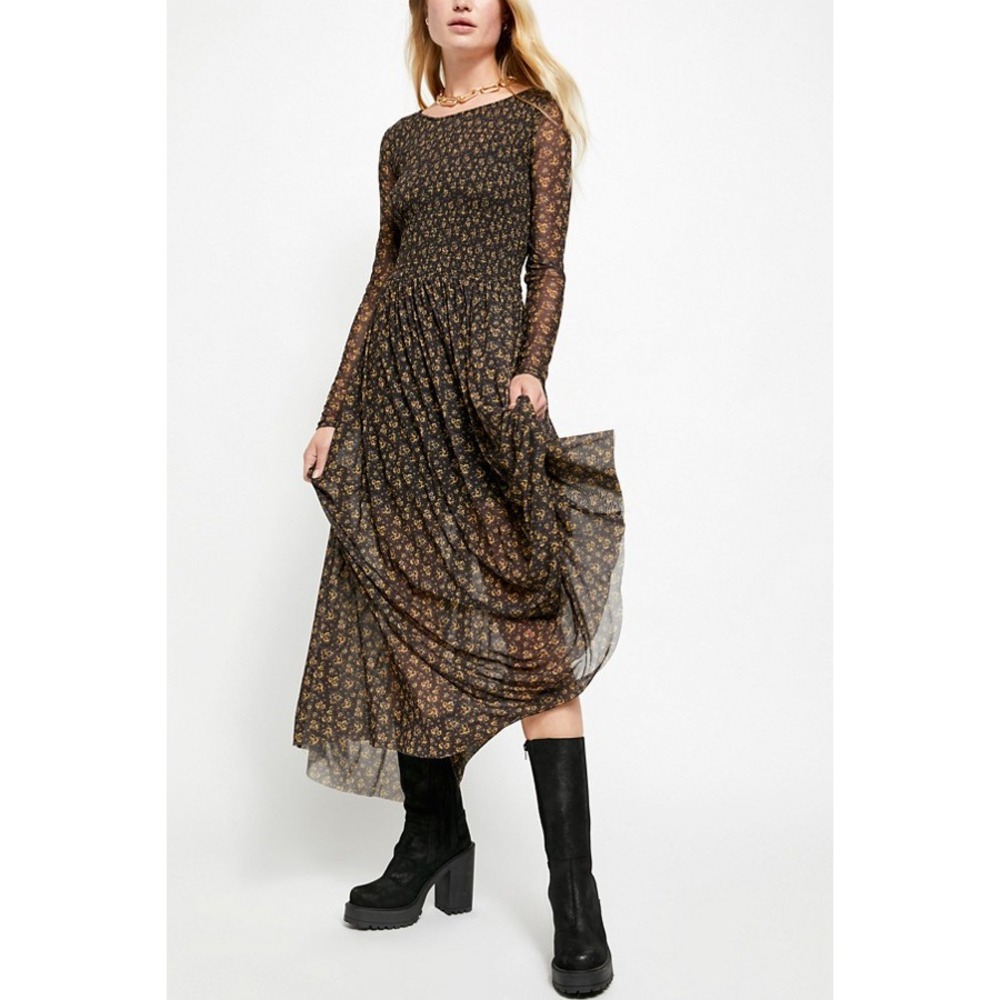 NEW Free People Hello and Goodbye Mesh Maxi Dress Black Floral Size Large